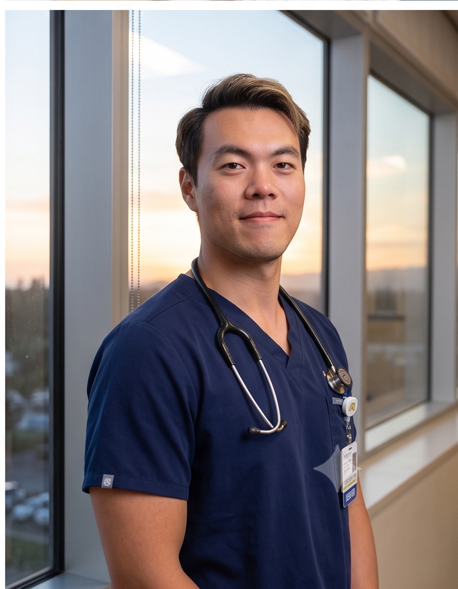 John Wu, professional portrait in scrubs